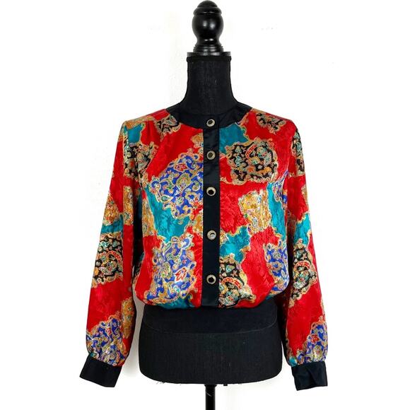 Vintage 80s Womens Top Blouse Silky Glitzy Dressy Retro Paisley Long Sleeve - Picture 1 of 10